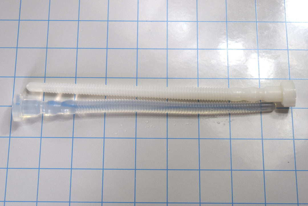 Translucent white and dark blue silicone SSND-THREADED12 urethral sounds, 19cm length, featuring a 7.5mm threaded shaft, parallel arrangement on a blue grid background.