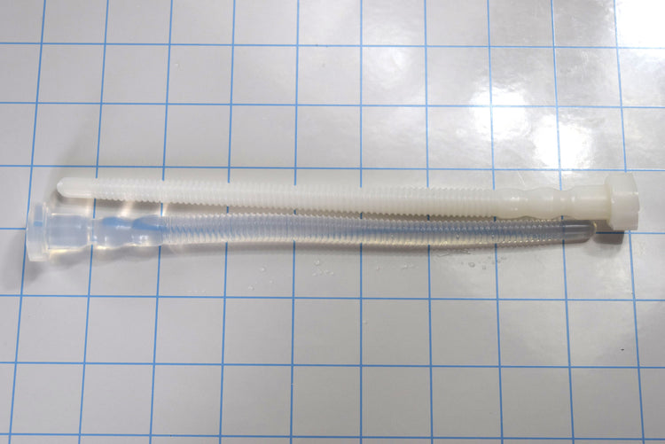Translucent white and dark blue silicone SSND-THREADED12 urethral sounds, 19cm length, featuring a 7.5mm threaded shaft, parallel arrangement on a blue grid background.