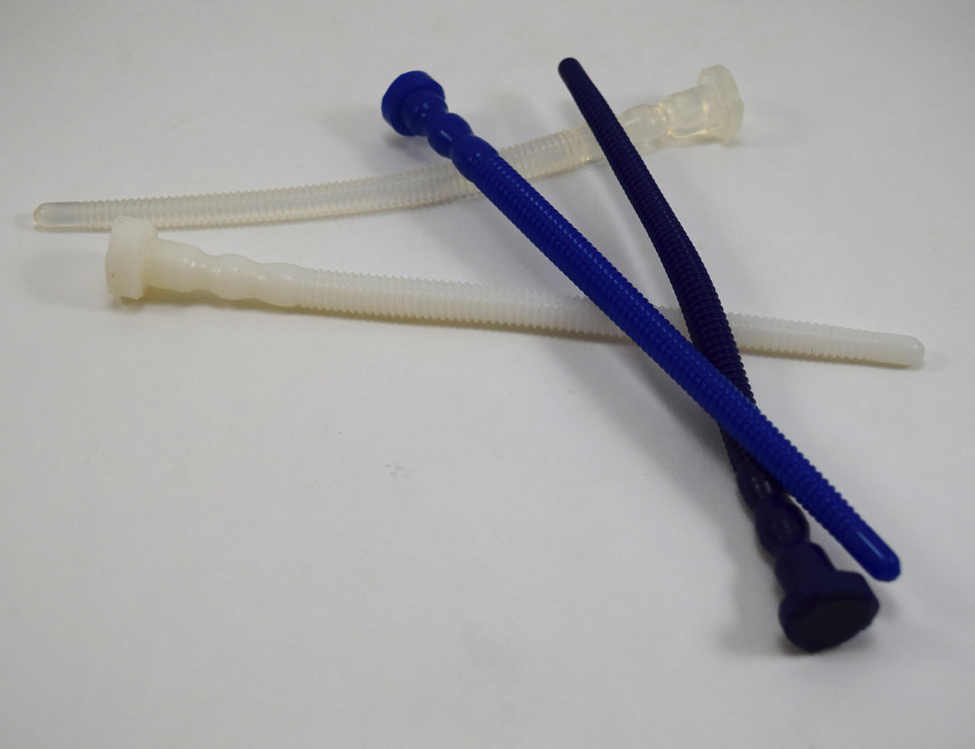 Assortment of dark blue and translucent white SSND-THREADED12 silicone sounds, 8 inches long, featuring a 7.5mm threaded shaft expanding to an 11.5mm ball on a light background.