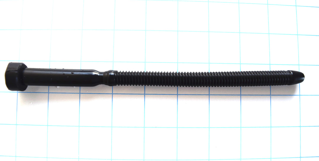 Black silicone SSND-THREADED13 urethral sound resting on a grid background, featuring an 8.3-inch insertable length with a continuous 11.5mm threaded shaft, 9.5mm retention valley, and smooth 13mm final base segment.