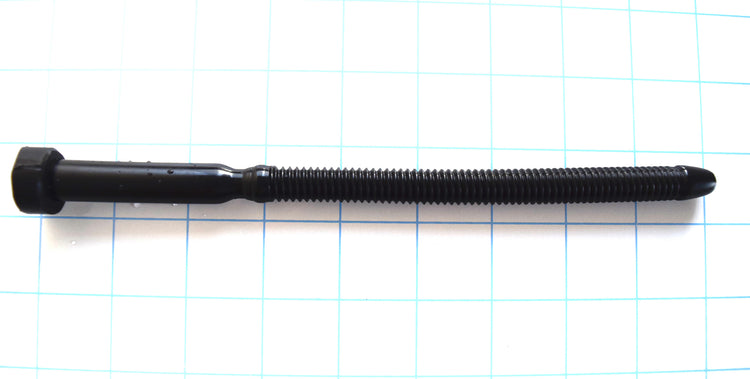 Black silicone SSND-THREADED13 urethral sound resting on a grid background, featuring an 8.3-inch insertable length with a continuous 11.5mm threaded shaft, 9.5mm retention valley, and smooth 13mm final base segment.
