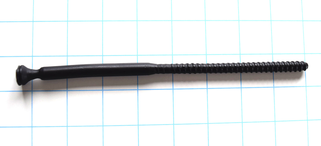 Black silicone SSND-THREADED8 urethral sound with a unique threaded design, featuring an 8mm threaded shaft transitioning to a 9mm smooth base, 8-inch length, on a blue grid background.