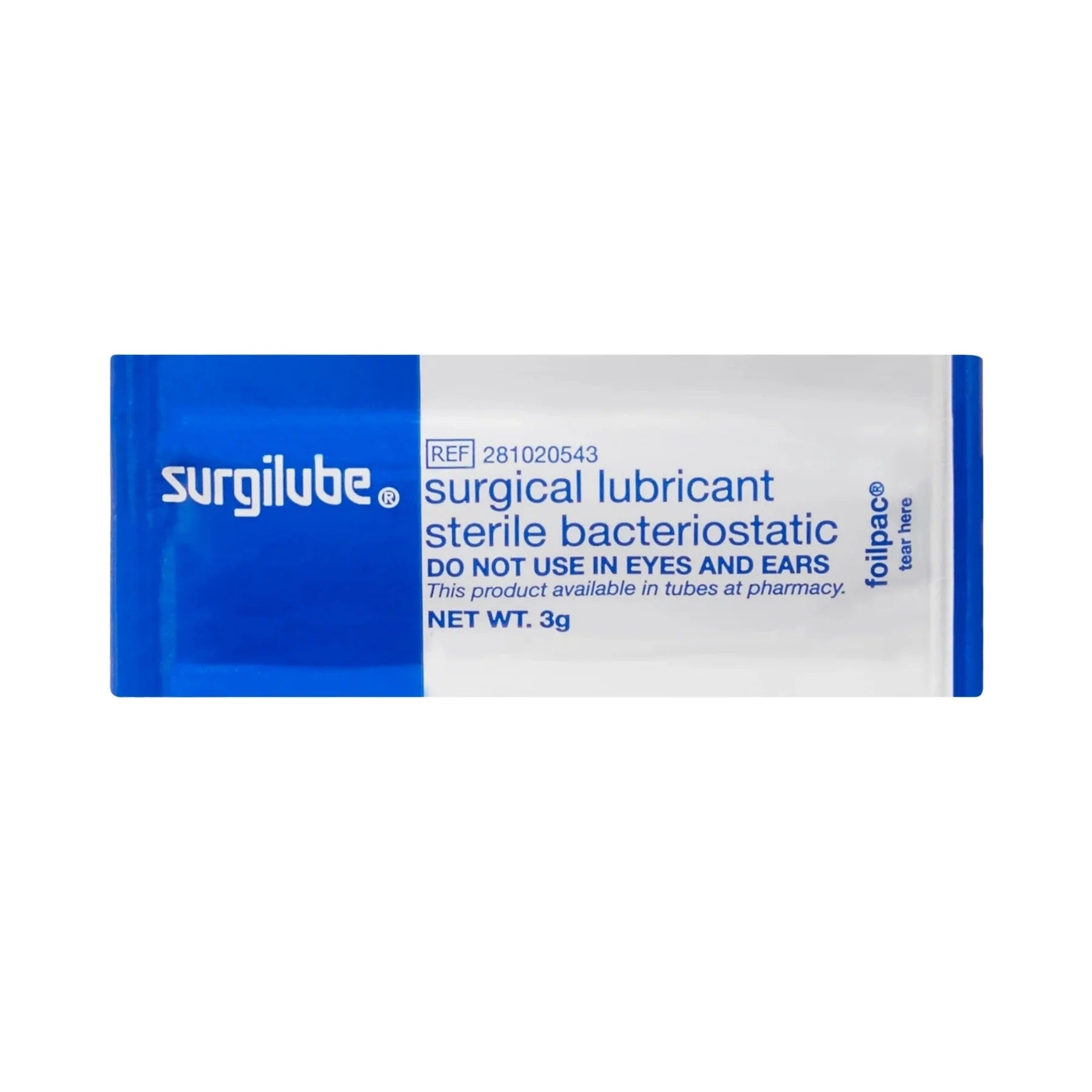 Single 3 gram foil packet of Surgilube sterile bacteriostatic surgical lubricant jelly.