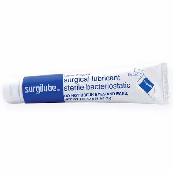 4.25 oz tube of Surgilube sterile bacteriostatic surgical lubricant jelly on a white background.