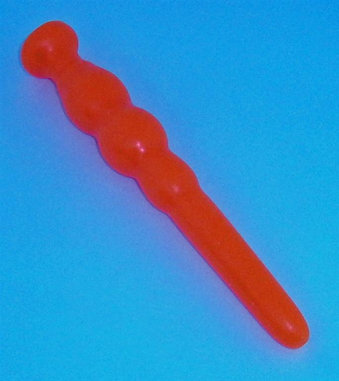 GRB 54 orange silicone colon nozzle showcasing its 4-inch long tapered entry tip, multi-stage 1.4-inch retention balls, and flared safety base on a blue background