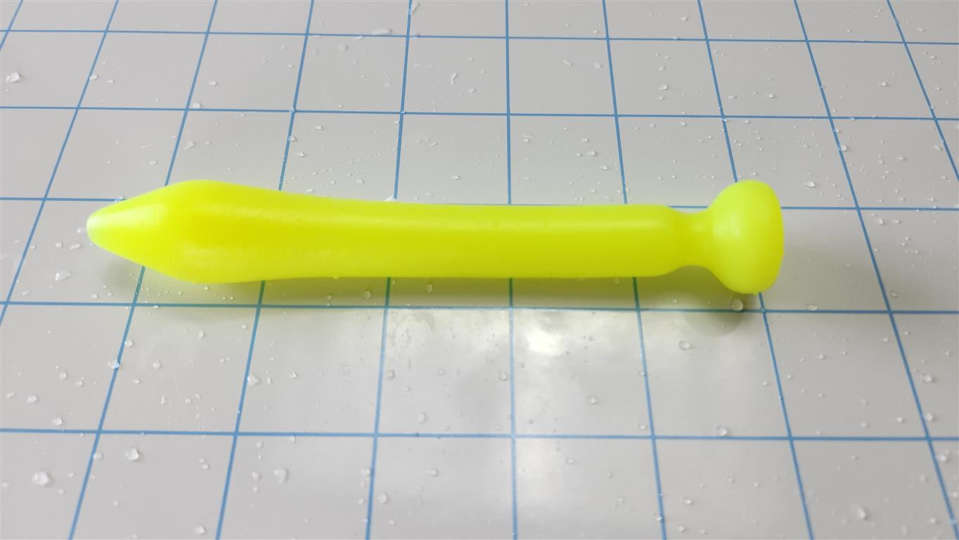 SSND-Slug fluorescent yellow silicone urethral sound featuring a 5.8mm tapered tip, 20mm main bulb, 14.5mm shaft, 10.5mm retention valley, 22.1mm safety flange, and 4.5-inch insertable length on a grid background.